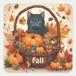 Sticker Carré Chat noir avec panier de récolte d'automne Brown