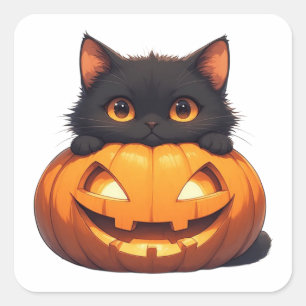 Sticker Carré Chat Noir Avec Présentation De Citrouille Orange