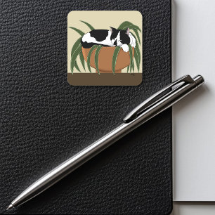 Sticker Carré Chat noir blanc Plante drôle