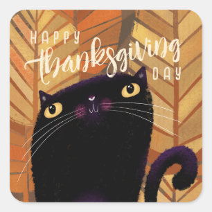 Sticker Carré Chat noir bon thanksgiving automne