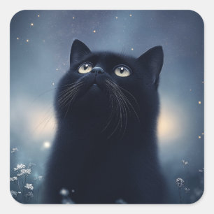 Sticker Carré Chat noir contemplant les étoiles sous un ciel de