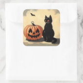 Sticker Carré Chat noir d'Halloween rétro et Citrouille (Sac)