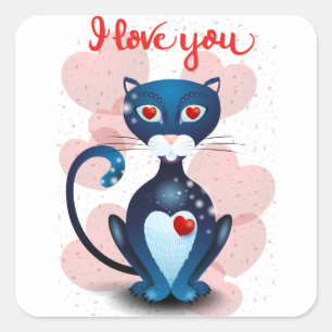 Sticker Carré Chat noir en amour