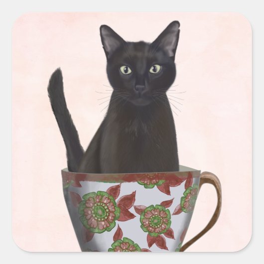 Sticker Carré Chat noir en Teacup (Devant)