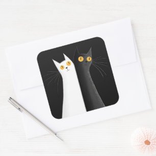 Sticker Carré Chat noir et chats blancs sur fond noir
