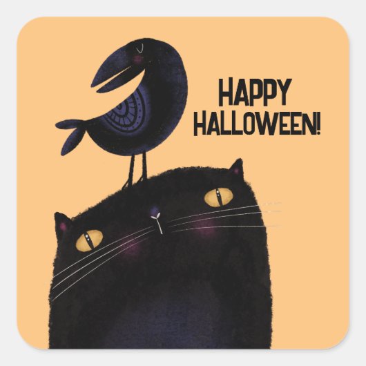 Sticker Carré Chat noir et corbeau (Devant)