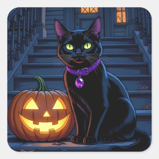 Sticker Carré Chat noir et Halloween Jack-O-Lanterne (Devant)