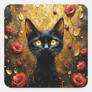 Sticker Carré Chat Noir et Roses