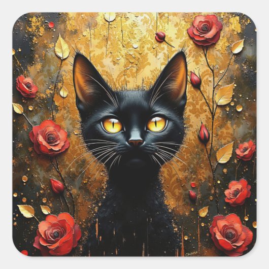 Sticker Carré Chat Noir et Roses (Devant)