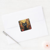 Sticker Carré Chat Noir et Roses (Enveloppe)