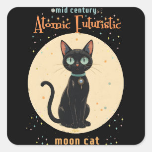 Sticker Carré Chat noir futuriste atomique avec lune et texte