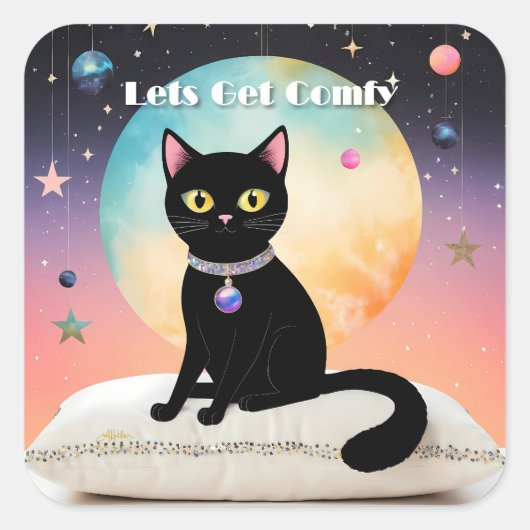 Sticker Carré Chat Noir - Installons-Nous Confortablement (Devant)