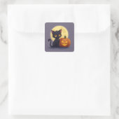 Sticker Carré Chat noir mignon avec Citrouille sculpté brillant (Sac)