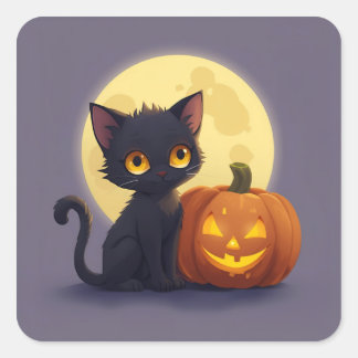 Sticker Carré Chat noir mignon avec Citrouille sculpté brillant