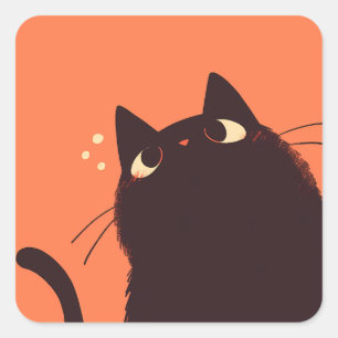 Sticker Carré Chat noir mignon et drôle sur Arrière - plan orang