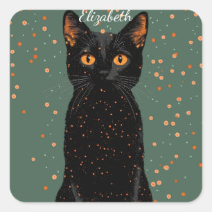Sticker Carré Chat noir mystique avec yeux orange et Parties sci
