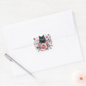 Sticker Carré Chat noir Roses roses roses Aquarelle (Enveloppe)