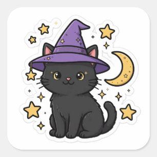 Sticker Carré Chat noir Sorcière Chapeau Mignon Halloween Autoco