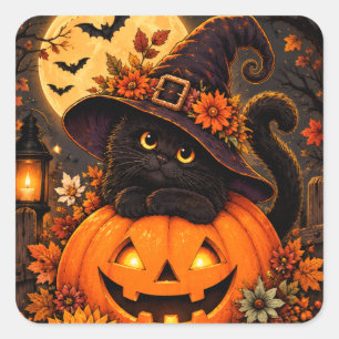 Sticker Carré Chat noir Sorcière Halloween Citrouille Automne Cu