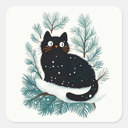 Sticker Carré Chat noir sur le sapin de Noël mignon (Devant)