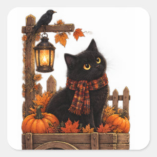 Sticker Carré Chat noir vintage automne récolte