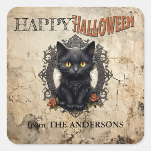 Sticker Carré Chat noir Vintage moderne Vieux papier Halloween
