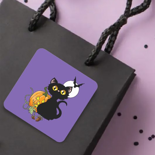 Sticker Carré Chat noir violet Citrouille d'Halloween