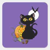 Sticker Carré Chat noir violet Citrouille d'Halloween (Devant)