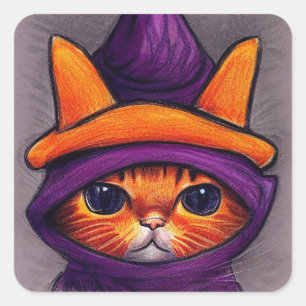 Sticker Carré Chat orange avec sorcière violette Casquette Hallo