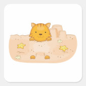 Sticker Carré Chat orange dans une scène de plage avec château d (Devant)
