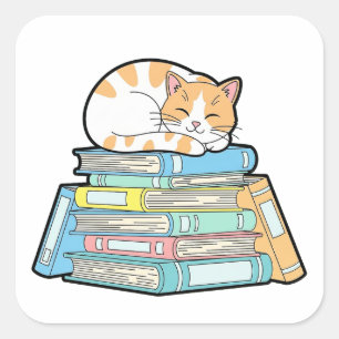 Sticker Carré Chat Paresseux sur des Livres – Illustration Migno