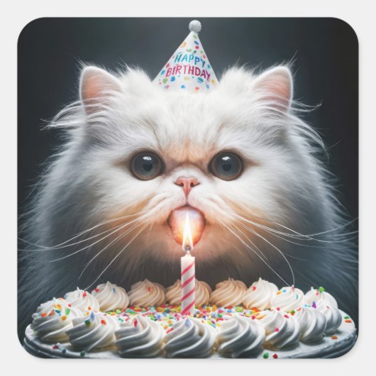 Sticker Carré Chat perse avec gâteau d'anniversaire (Devant)