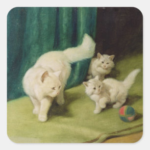 Sticker Carré Chat perse blanc avec deux chatons