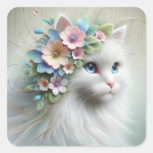 Sticker Carré Chat Perse Blanc Avec Laurel Floral (Devant)