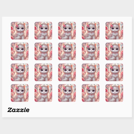Sticker Carré Chat Princesse Rose (Feuille)
