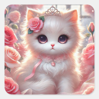 Sticker Carré Chat Princesse Rose