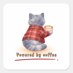Sticker Carré Chat "Propulsé par le Café" Tenant Une Tasse de Ca