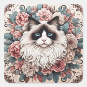 Sticker Carré Chat Ragdoll Floral, Chaton Ragdoll Cute
