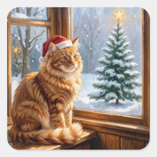 Sticker Carré Chat roux de Noël
