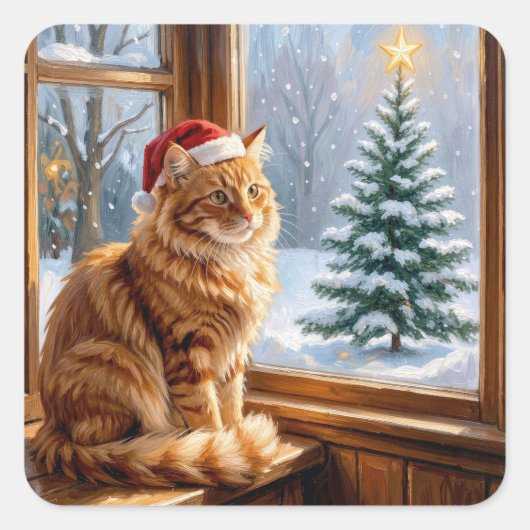 Sticker Carré Chat roux de Noël (Devant)