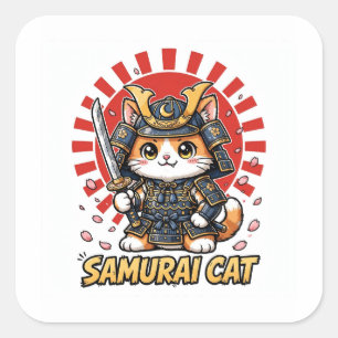 Sticker Carré Chat Samouraï Anime Guerrier Japonais Cerise