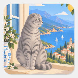 Sticker Carré Chat Scottish Fold Silver Tabby