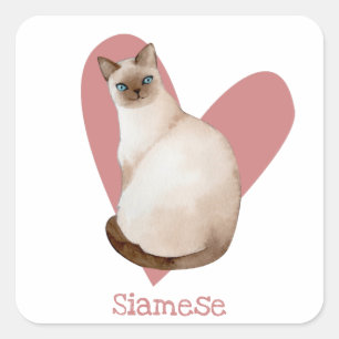Sticker Carré Chat Siamois Aquarelle Kitty Coeur rose