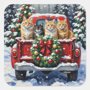 Sticker Carré Chat Sibérien Noël Camion Rouge Fêtes