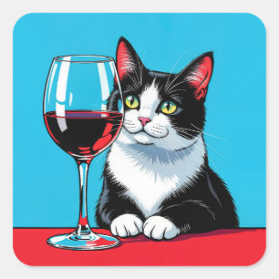 Sticker Carré Chat Smoking Avec Vin Rouge
