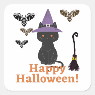 Sticker Carré Chat sorcière avec Chauves-souris Joyeux Halloween