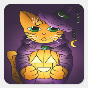 Sticker Carré Chat-sorcière d'Halloween violet