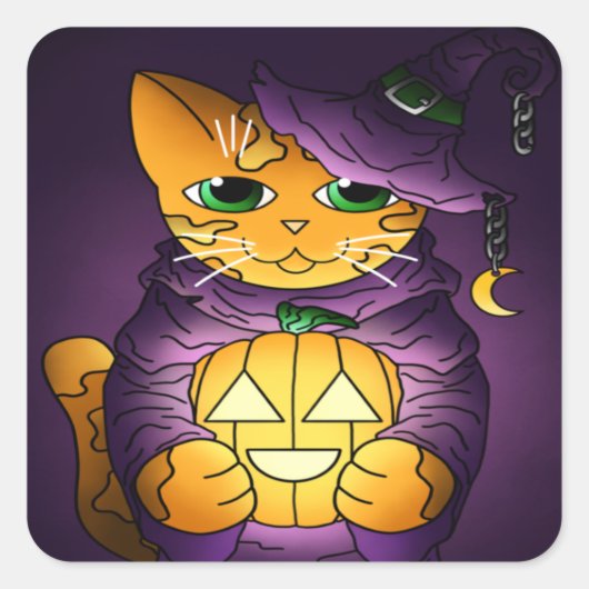 Sticker Carré Chat-sorcière d'Halloween violet (Devant)