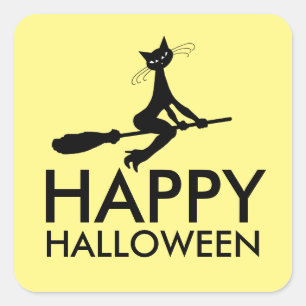 Sticker Carré Chat Sur Broomstick, Bonne Halloween