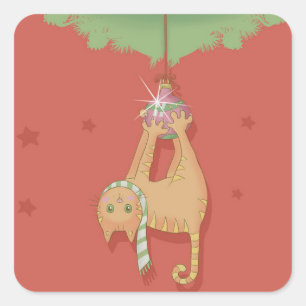 Sticker Carré Chat suspendu sur le ballon de noël
